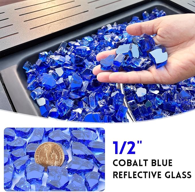 20 Pounds Fire Glass 1/2 Inch High Reflective Tempered Firepit Glass Rocks for Fireplace, Fire Pit Table, Fire Bowl and Landscaping (Cobalt Blue)