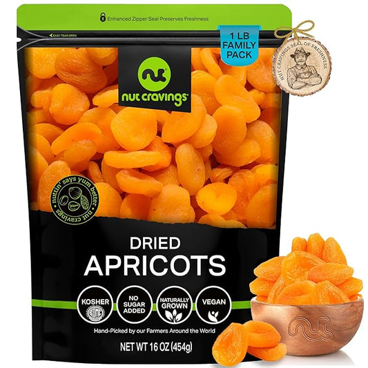 NUT CRAVINGS - Sun Dried Turkish Apricots, No Sugar Added, Unsweetened (16oz, 1 LB) Bulk Dry Fruits Packed Fresh in Resealable Bag - Sweet Healthy Snack, Naturally Grown, Vegan, Kosher