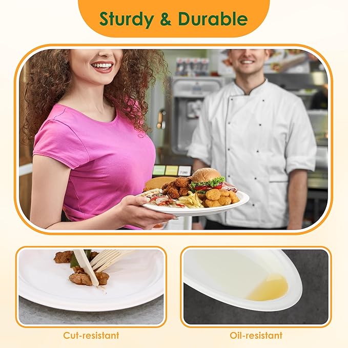 100% Compostable Oval Paper Plates, 12.5Inch 50Pack Disposable Heavy Duty Bagasse Platters Eco-Friendly Biodegradable Sugarcane Plates for BBQ, Party, Picnic - Off White