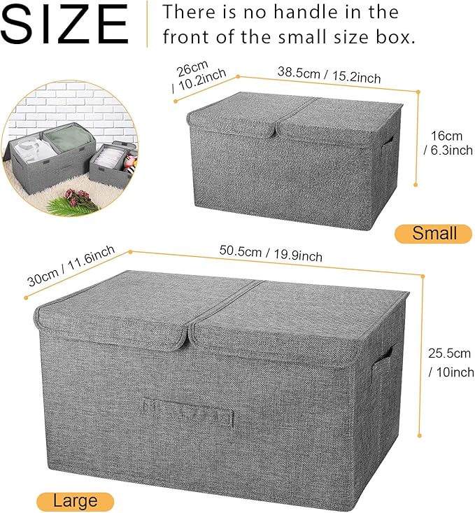 2 Pack Large Linen Fabric Collapsible Storage Bins with Lid and Handles, Washable Storage Box Baskets Cube with Removable Divider for Bedroom,Closet,Office,Living Room,Nursery (Black, Large)