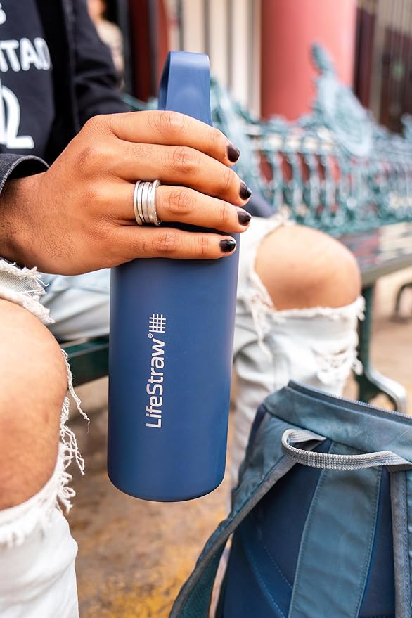 LifeStraw Go Series – Insulated Stainless Steel Water Filter Bottle for Travel and Everyday Use, Removes Bacteria, Parasites and Microplastics, Improves Taste, 24oz Thistle Purple