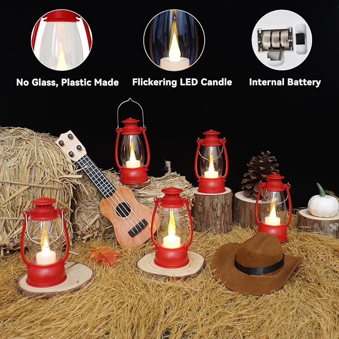12Pcs Red Mini Lanterns for Centerpiece – Vintage Lantern Decor for Christmas, Halloween, Weddings & Western Party – Hanging Ornaments Bulk with Flicker LED Candle for Cowgirl, Camping Decor