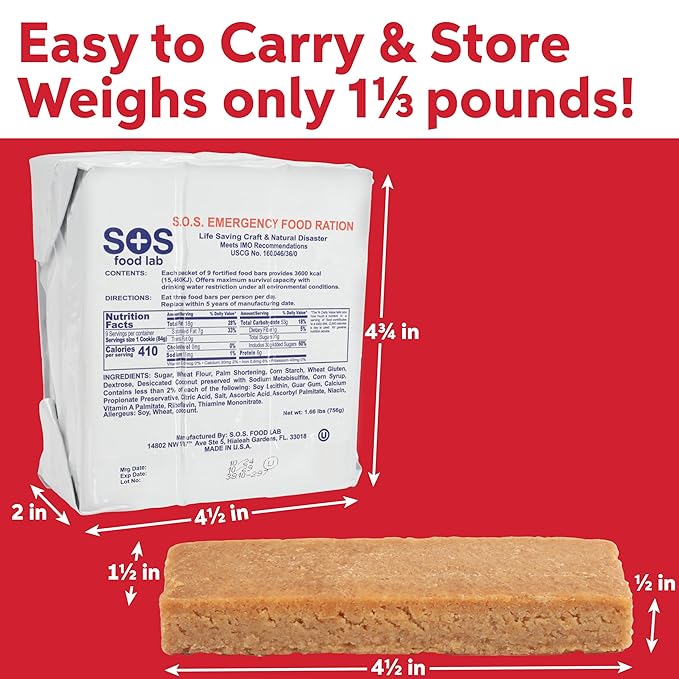 SOS Food Lab Emergency Food Bar - 3600 Calorie Ration (5 Pack Shortbread Cookie) - 3 Day/72 Hour Ready to Eat Supply for Camping, Hiking, Disaster Preparedness - 5 Year Shelf Life Energy Survival Food