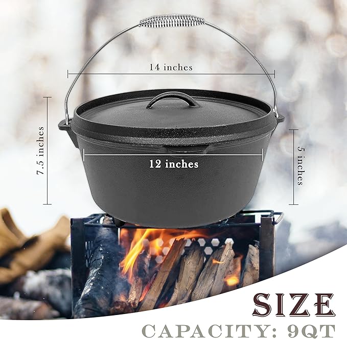 Cuisiland 9 Quart Cast Iron Dutch Oven with Lip Lid & 3 legs – Pre-Seasoned Camping Pot for Outdoor Cooking, Roasting, and Baking – Heavy-Duty Campfire Cookware with Even Heat Distribution