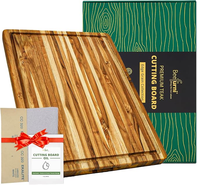 BEEFURNI Teak Wood Cutting Board with Hand Grip (L, 22x16x1.25"), Large Wooden Cutting Boards for Kitchen, Chopping Board Wood, Butcher Block, Charcuterie Board, Christmas Gifts, 1-Year Warranty