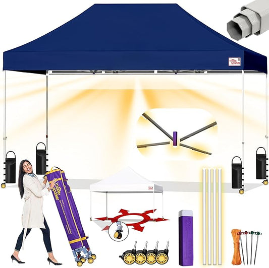 Tradesparker 10x15 Pop Up Canopy Tent,Easy up Commercial Canopy Tent Instant Shelter for Beach Events Parties Camping Market,Pop Up Canopies with LED Curtain+Casters+Weight+Stakes,Navy Blue
