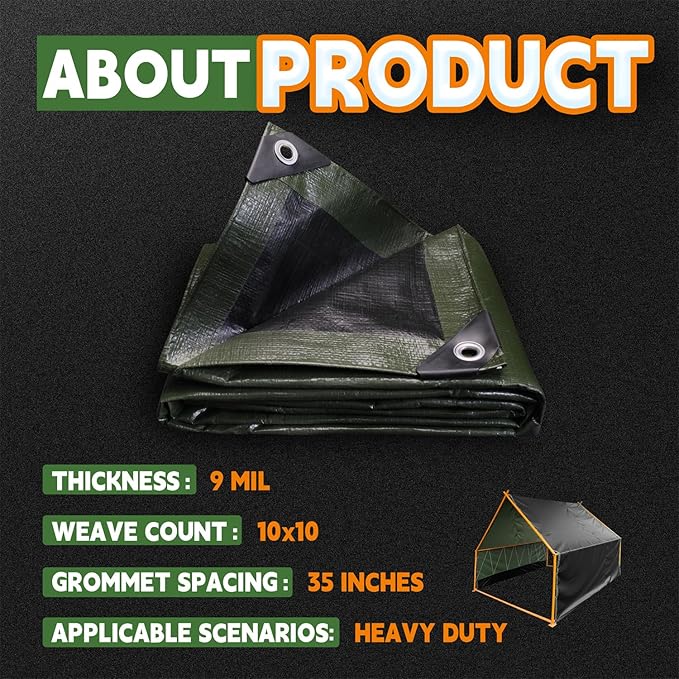 RAINDEWAY Tarps 7x10 Feet,Tarp Waterproof,9Mil Thick,Finished Size,Multipurpose Poly Tarp Cover with Metal Grommets and Reinforced Edges,Green/Black Tarpaulin