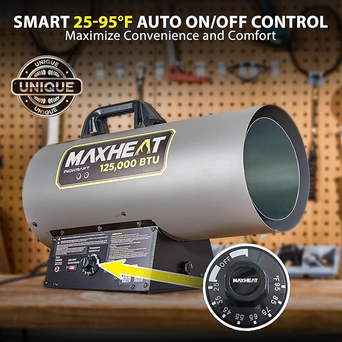 InoKraft Maxheat MH125 125,000 BTU Forced Air Propane Heater, Auto 25-95F On/OFF Control, Portable Garage/Shop Heater for Garages, Job Sites - 10ft Hose