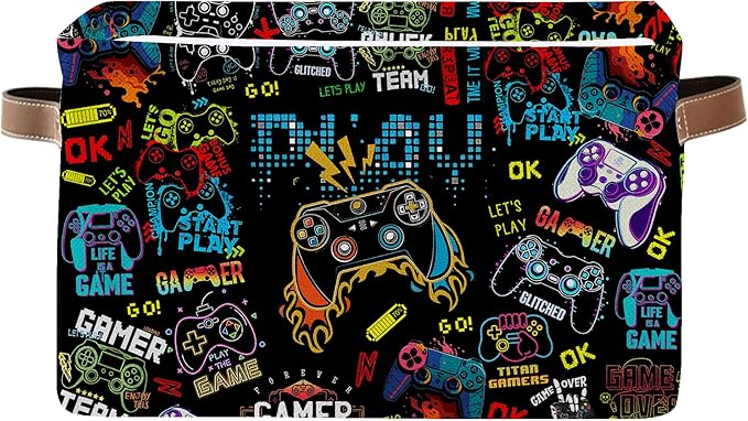 Gamer Rectangle Storage Basket - Game Themed Collection Collapsible Storage Baskets with Handles - Gamer Toy Bins for Boys - Cool Game Pattern Storages Bin for Kids Clothes, Gifts, Books