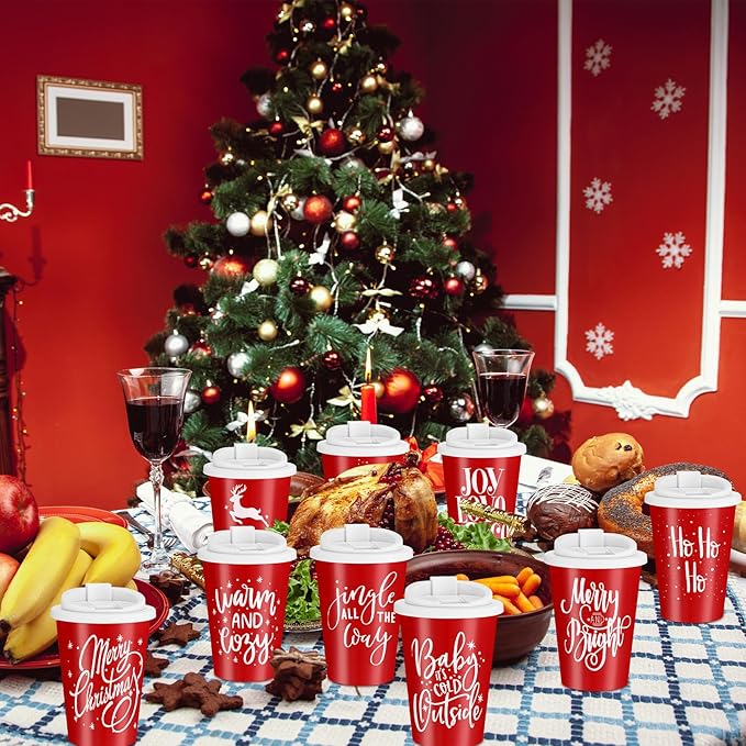 Sliner 20 Pcs Christmas Reusable Coffee Cups with Lids Bulk 12 oz Christmas Plastic Cup Gifts Xmas Drinks Tumblers with Snowflake for Coworkers Family Winter Party Favors (Red)