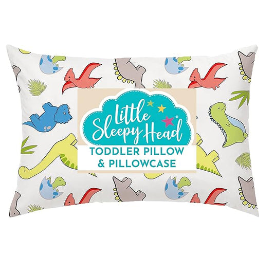 Little Sleepy Head Toddler Pillow with Pillowcase 13x18 - Kids Pillow for Sleeping - Better Neck Support Ergonomic Pillow and Toddler Pillowcase - Best Pillows for Kids (Dinosaurs White)