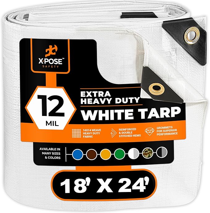 Heavy Duty White Poly Tarp 18' X 24' - Multipurpose Protective Cover - Durable, Waterproof, Weather Proof, Rip and Tear Resistant - Extra Thick 12 Mil Polyethylene - by Xpose Safety