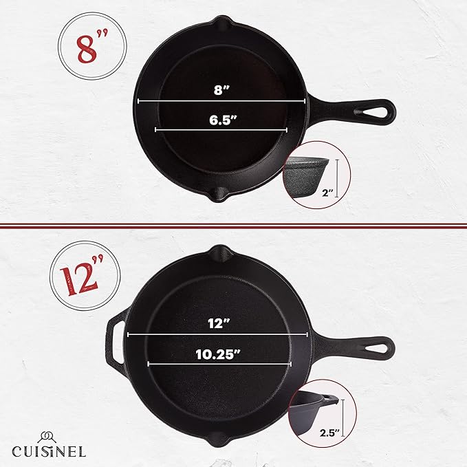 Cuisinel Cast Iron Skillet Set - 8" + 12"-Inch Frying Pan + Glass Lids - Pre-Seasoned Cookware - Heat-Resistant Holders - Indoor/Outdoor Use - Camping, Grill, Stove, BBQ, Firepit, Induction, Oven Safe