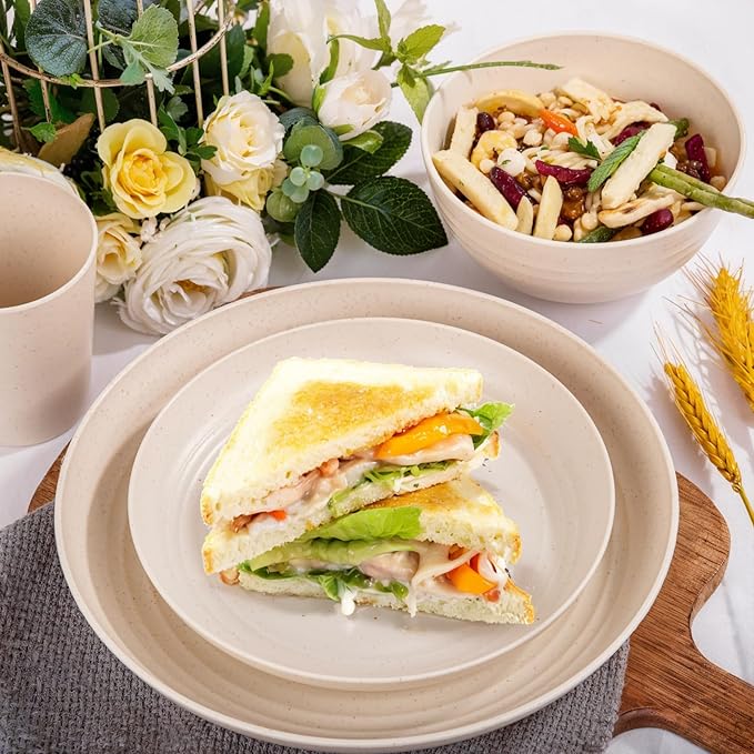 Supernal 16pcs Beige Kitchen Plastic Wheat Straw Dinnerware Sets - Plates and Bowls Sets, Unbreakable Dinnerware Set Dishwasher Safe Plates, Reusable Dish Set for Kitchen & Camping & Daily use