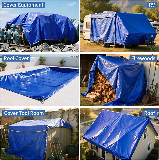 TARPAL 20x20ft Waterproof Heavy Duty Tarp 16Mil Thick with Metal Grommets Every 17.7" Large Multipurpose Tarp Tear-Resistant UV Protection Covers Roof, Pool,Car,Firewood&Outdoor Furniture(Blue/Brown)