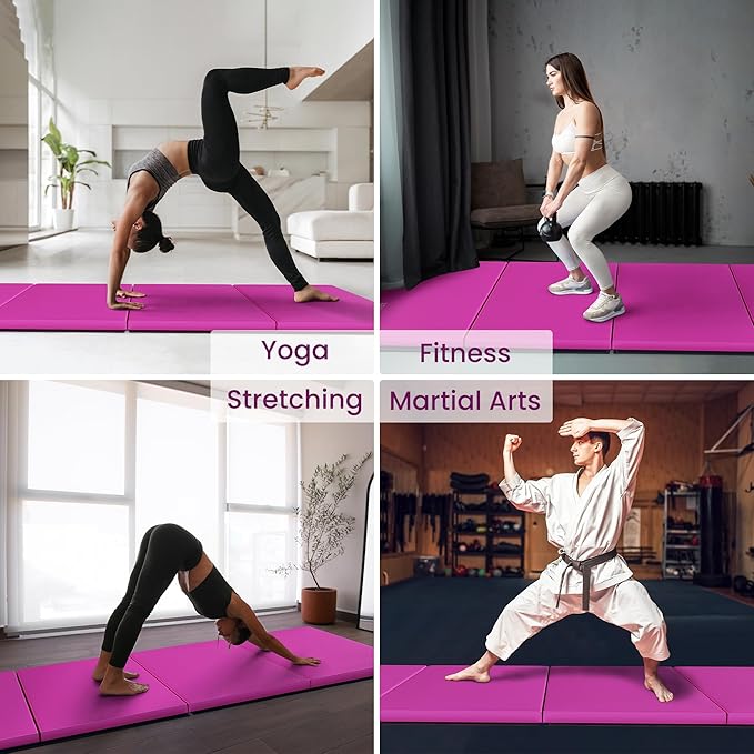 Folding Exercise Gymnastics Mat 10'x4'x2" Gym Workout Mat with Carrying Handles High-Density Anti-Tear Portable Fitness Aerobics Mats for Home Gym Yoga Pilates Tumbling MMA Core Training, Multiple Colors