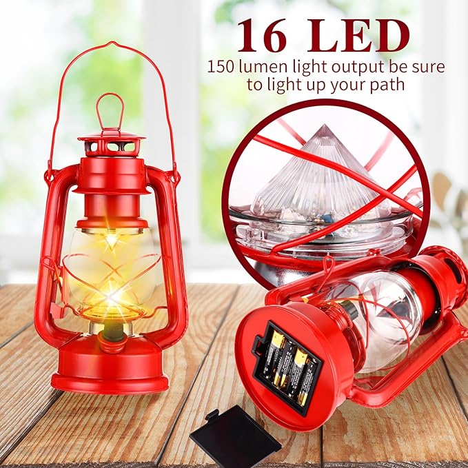 4 Pcs LED Vintage Lanterns Battery Operated Warm White Old Hurricane Lantern Antique Metal Hanging LED Lamp with Dimmer Switch for Indoor Table Outdoor Christmas Halloween(Red)