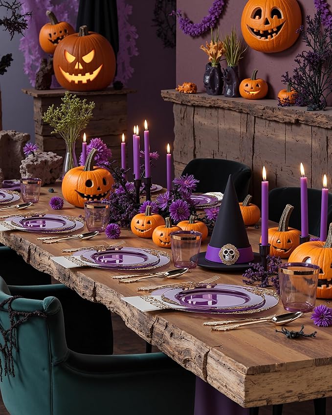 Nervure 175PCS Clear Purple Plastic Plates - Purple Party Plates Set for 25 Guests Include 25Dinner Plate, 25Dessert Plate, 25Cups, 75 Cutlery, 25Napkins Perfect for Wedding & Party