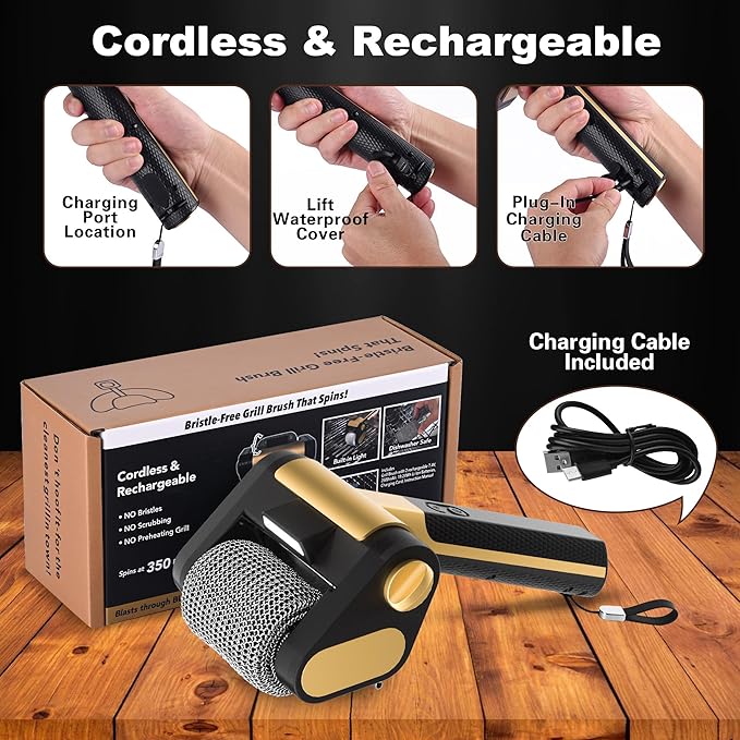 Electric Grill Cleaner Bristle Free – Cordless, Rechargeable BBQ Grill Brush with 350 RPM Stainless Roller, LED Light, Dishwasher-Safe for Gas/Charcoal Grills