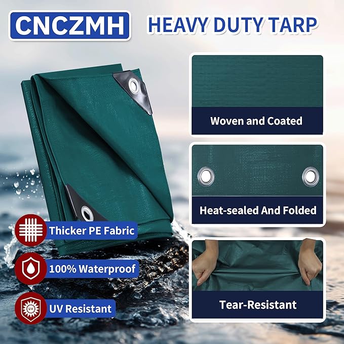 Heavy Duty Tarp Waterproof, 16 Mil Thick Finished Size Tarps Outdoor, Multipurpose Tarpaulin Cover, Small Tarp for Emergency Rain Shelter Camping (Green, 8x12ft)