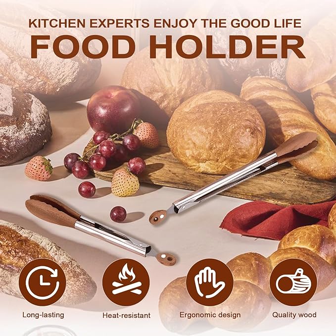 2 Pack Walnut Wooden Tongs For Cooking, 12 & 9 Inch Kitchen Salad Utensils Tongs with Hanging Hole and Wooden Tips, Stainless Steel Kitchen Barbecue Food Suitable for Salad