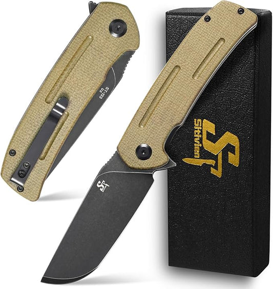 Sitivien ST133 Folding Knife,D2 Blade,Micarta Handle EDC Tool Knife for Outdoor Camping Hiking(Green)