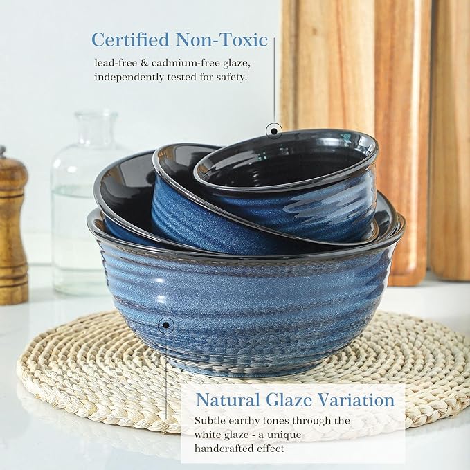 Hasense Mixing Bowls Set, Porcelain Large Salad Bowls for Cooking, Baking, Prepping, Serving, Blue Nesting Dishes for Housewarming Gift, Microwave Dishwasher Safe, 2.8/2.1/1.0/0.5 Qt