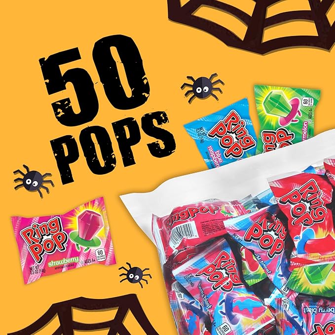 Ring Pop Halloween Candy Lollipops - 50 Ct Bulk Candy Variety Pack in Assorted Fruity Flavors - Full Size, Individually Wrapped Hard Candy For Trick or Treat, Halloween Bowls, Gifts, Party Favors