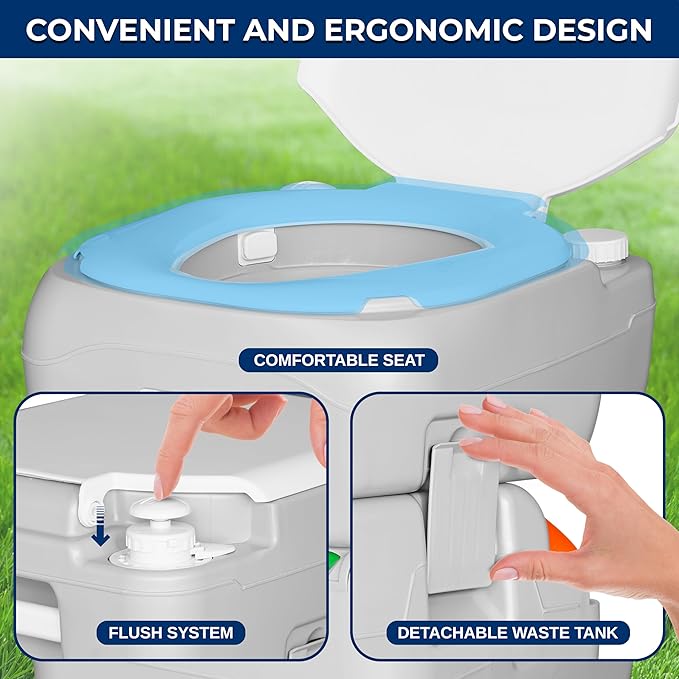 SereneLife 5.8 Gal Portable Toilet for Adults – Leak-Proof Camping Toilet with Detachable Waste Tank, Flush System, Level Indicator, Carry Bag & Hand Sprayer for RV, Tent, Hiking, Travel & Home Use