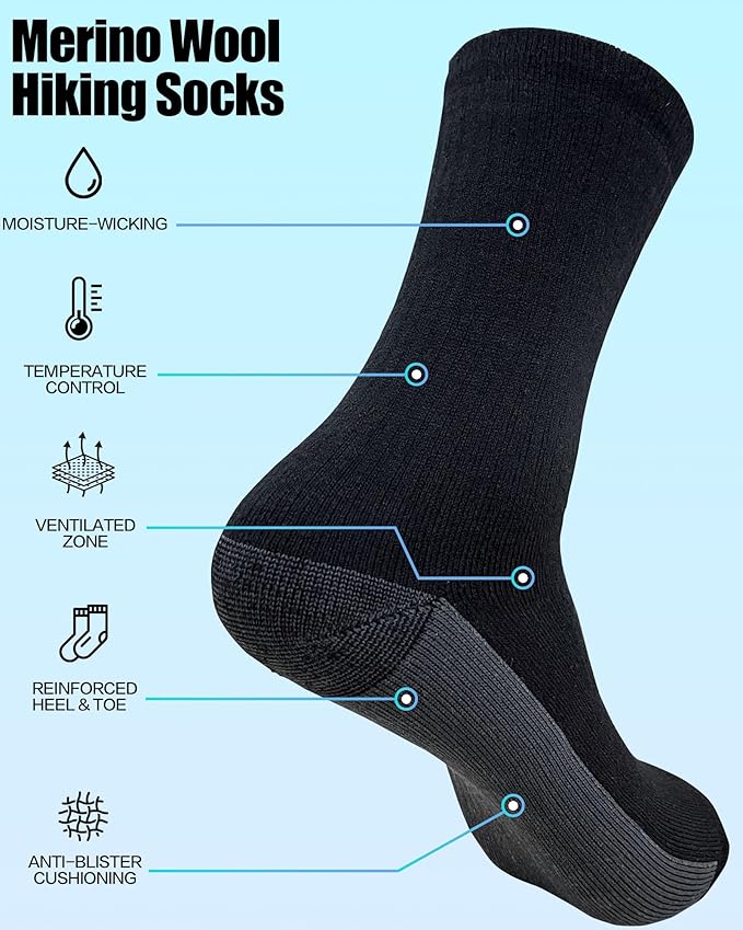 3 Pairs Men's Merino Wool Socks - Thermal Winter and Hiking Socks with Cushioned Support for Everyday Comfort