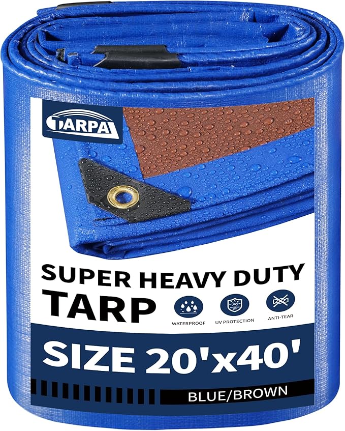 TARPAL 20x40ft Waterproof Heavy Duty Tarp 16Mil Thick with Metal Grommets Every 17.7" Large Multipurpose Tarp Tear-Resistant UV Protection Covers Roof, Pool,Car,Firewood&Outdoor Furniture(Blue/Brown)