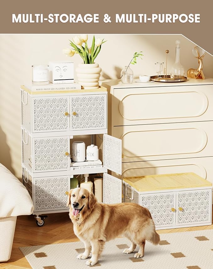 3 Tier Metal Storage Bins and Boxes Organizer, Magnetic Doors & 360°Swivel Lockable Wheels, Easy,labor-Saving, Ocean Life Cutout Pattern, Eco-Aesthetic for Living Room,Bedroom,bathroom,kitchen