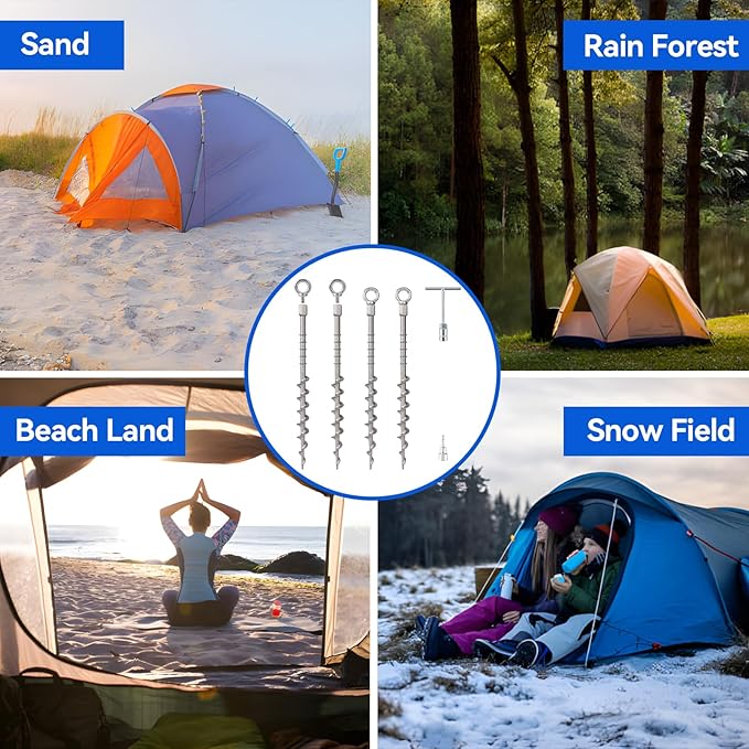 4 Pcs 14" Ground Anchors Screw in Non-Rust Cast Aluminum Detachable Tent Stakes for Camping Tents, Sand, Trampoline, Swing Sets and Sheds