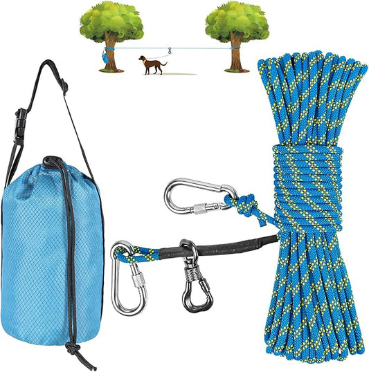XiaZ Dog Tie Out Cable for Camping, 50ft Portable Overhead Trolley System for Dogs up to 200lbs，Dog Lead for Yard, Camping, Parks, Outdoor Events,5 min Set-up, Blue