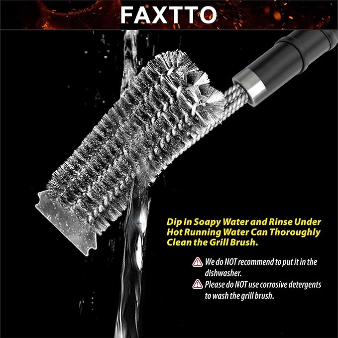 Grill Brush with Extra Strong Long Handle BBQ Cleaner Accessories - Safe Wire BBQ Brush, Triple Barbecue Scrubber Cleaning Brush for Gas/Charcoal Grilling Grates
