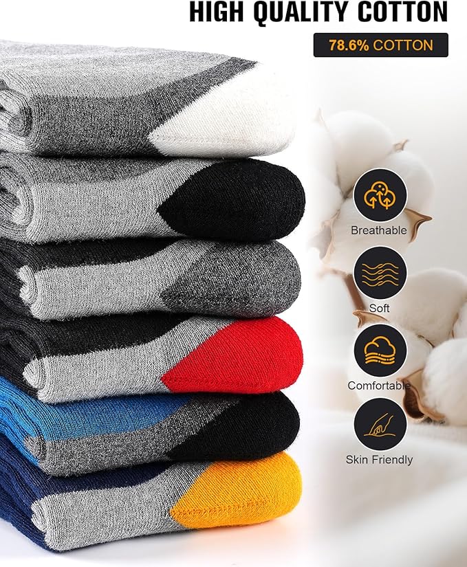6 Pairs Men's Cotton Crew Work Boot Socks, Moisture Cushioned Athletic Sports Socks for Hiking Running Workout