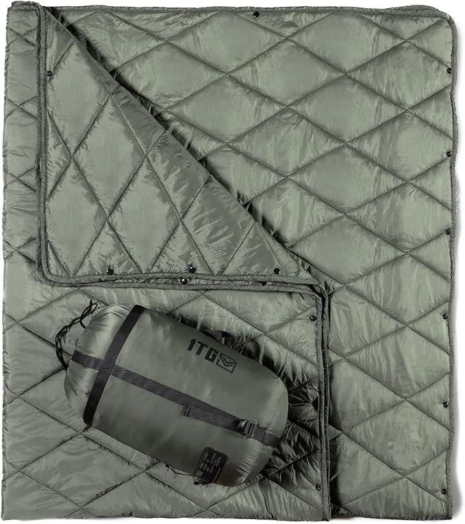 Camping Blanket - Packable, Ultra Warm and Lightweight with Snap Button Backpacking Quilt, for Sleeping, Outdoors, Travel, and Indoor Use - Olive Green