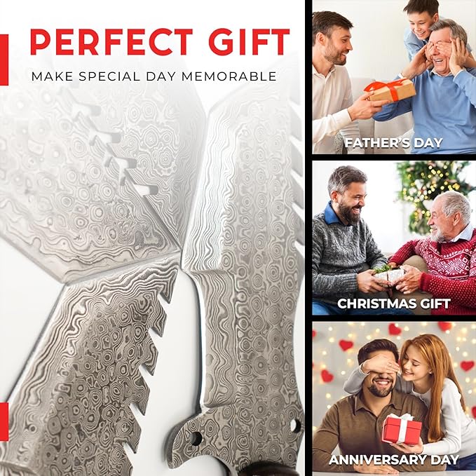 10.5” Damascus knife-Fixed Blade Hunting Knife with Sheath-Bushcraft knife-Survival Knife-Camping knife- Ideal For EDC, skinning, Camping, Outdoor-Best Hunting Knives For Men.Red wood, Camel Bone & Pakka Blue Handle