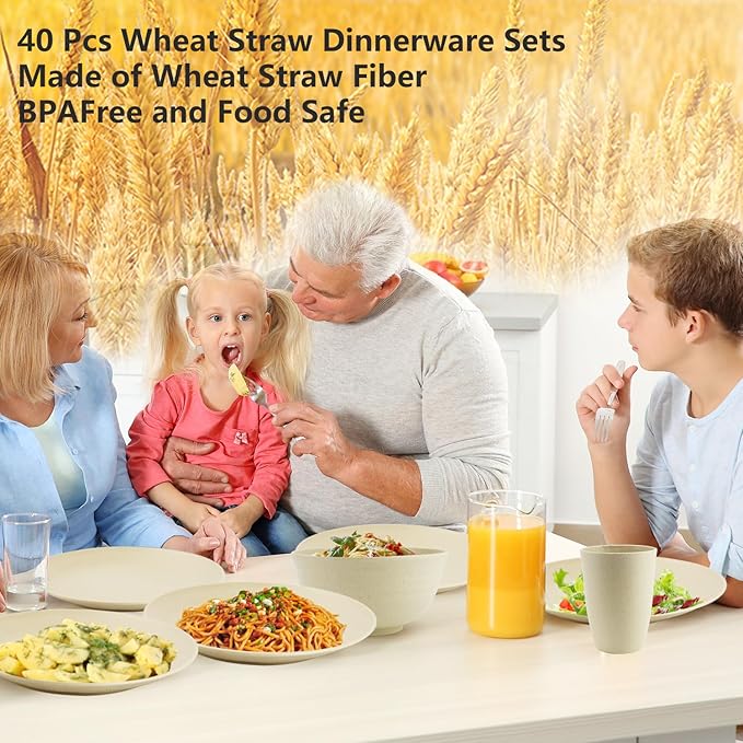 40 Pieces Plates and Bowls Sets, Wheat Straw Dinnerware Sets for 8, Dinner Plates, Cereal Bowls and Drinking Cups, Unbreakable and Reusable Plastic Dinnerware Sets (Beige)