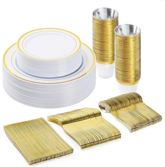 150PCS Plastic Dinnerware Set (25 Guests), Gold Disposable Plates for Party, Wedding, Christmas, Anniversary, Includes: Dinner Plates, Dessert Plates, Cups, Spoons, Forks and Knives