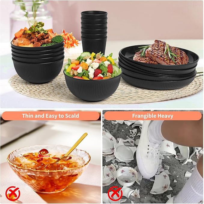 36 pcs Wheat Straw Dinnerware Sets, Unbreakable Reusable Dinnerware Set Kitchen Cups Plates and Bowls Sets, Dishwasher Microwave Safe Plates,Outdoor Camping Dishes (Black)