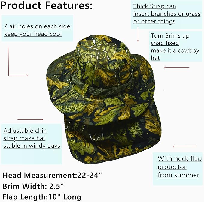 Glory Max Bucket Boonie Hat with Neck Flap Cover Sun Safari Wide Brim Fishing Garden Hiking Cap