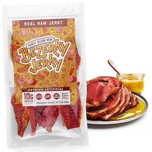 Premium Ham Jerky | Honey Dijon | Camping Food | Backpacking Snacks | Low Fat High Protein Ham Meat | Gluten-Free | Non-GMO | No Nitrates | Healthy American Bezerky Jerky | 1 Pack