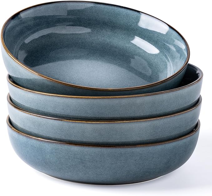 GBHOME 8.75'' Large Ceramic Pasta Bowls, 38oz Stoneware Pasta Serving Bowls Set of 4 for Kitchen, Wide Bowls for Fruit,Pasta,Salad,Oatmeal,Meal, Microwave Safe, Reactive Glaze-Space Blue