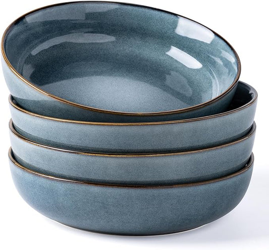 GBHOME 8.75'' Large Ceramic Pasta Bowls, 38oz Stoneware Pasta Serving Bowls Set of 4 for Kitchen, Wide Bowls for Fruit,Pasta,Salad,Oatmeal,Meal, Microwave Safe, Reactive Glaze-Space Blue