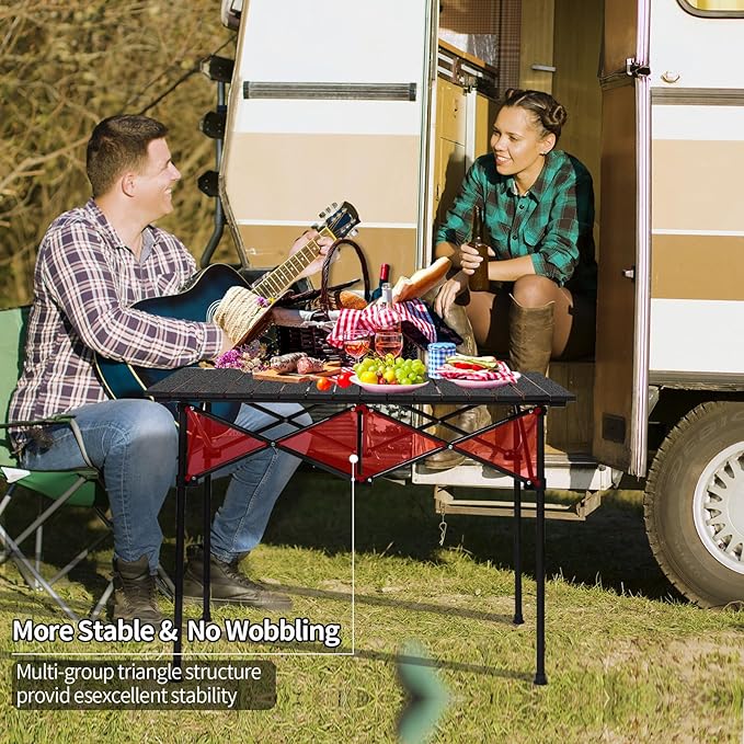 SHANQUAN Folding Camping Table, 46.5 × 21.7 Inches Portable Camp Table Aluminum Fold Up Lightweight Roll Up Table Adjustable Height with Carry Bag for Camping, Picnic, Backyard, BBQ, Patio, Black