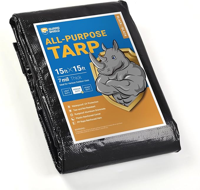 GUARD SHIELD Black Tarp Waterproof 15x15 Feet Medium Duty All Purpose Poly Tarps Cover 7mil