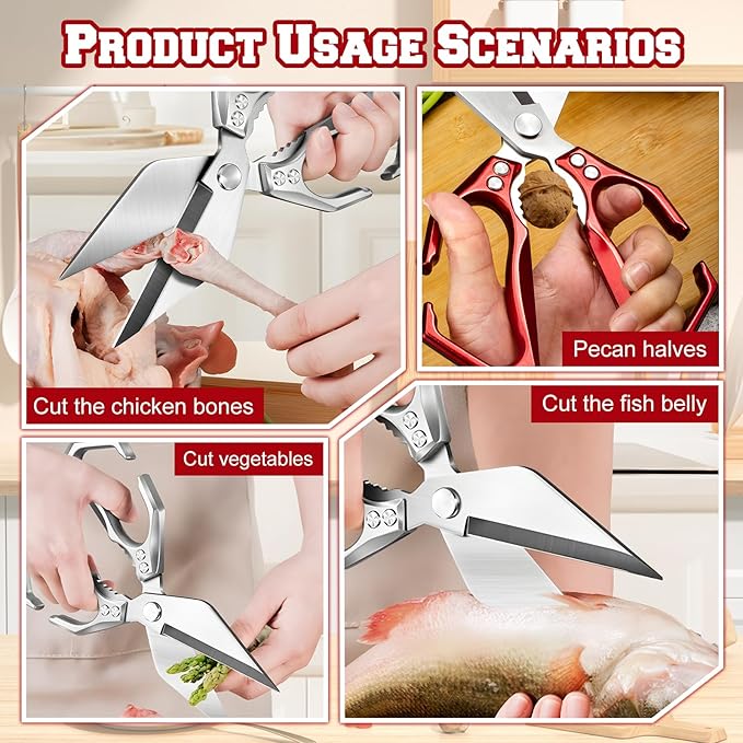 Seattleget Multifunctional Heavy-Duty Kitchen Shears, Ergonomic Heavy-Duty Kitchen Scissors, Household Food Scissors, Suitable for Cutting Meat, Seafood and Small Bones (Silver)