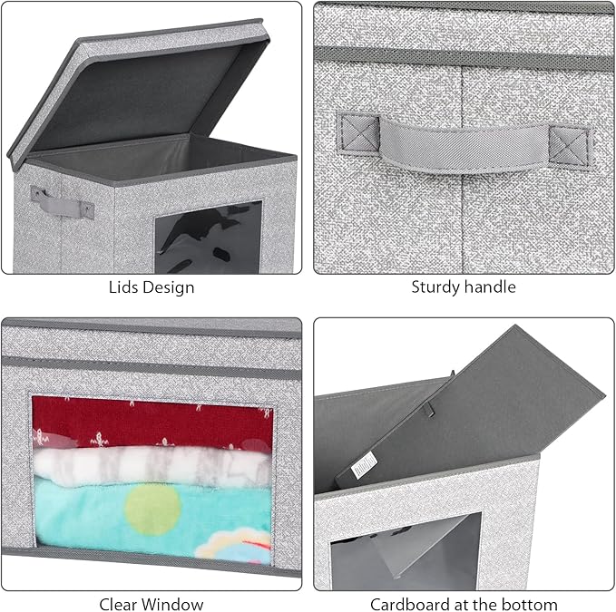 Univivi Fabric Foldable Storage Bins with Lids Collapsible Storage Boxes Bins Organization Baskets for Home, Closet, Playroom, 14''x10''x8.3'' (Gray, 4-Pack)