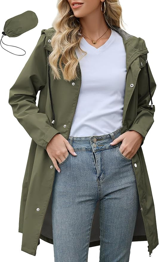 Zando Long Packable Rain Jacket Women Waterproof - Raincoat for Women Rain Coat with Hood Lightweight Outdoor Windbreaker